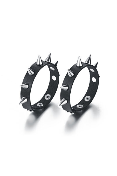 Choice سوار أسود من الجلد الصناعي مع مسامير مكون من قطعتين/مجموعة سوار بانك ر...