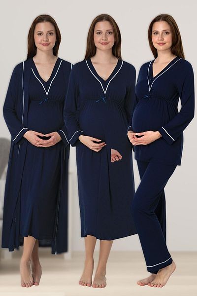 BLACKMORE Navy Blue Cotton Pregnancy Sleepwear Set - Nightgown & Dressing Gown Costumes 4Pcs