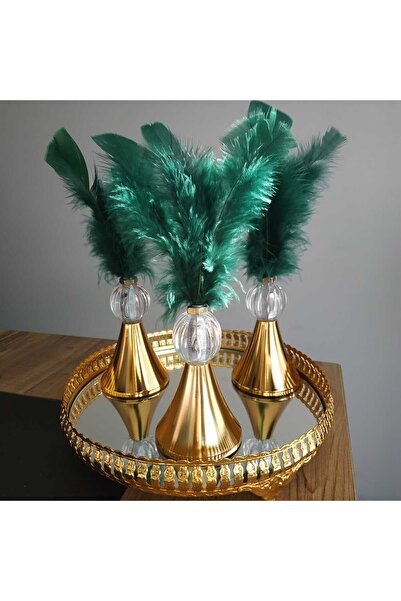 HİLALKRİSTAL Dekoratif Renkli Tüylük -3 Adet-Gold Kaplama- Kahve Yanı-Sunum