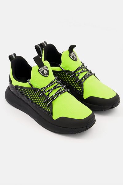 Lamborghini Men Lace Up Brand Logo Casual Shoes, Black/Lime Green
