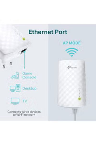 TP-LINK RE200 AC750 موسع نطاق شبكة Wi-Fi ثنائي النطاق بسرعة 433 ميجابت في الثانية و5 جيجاهرتز و300 ميجابت في الثانية و2.4 جيجاهرتز، أبيض