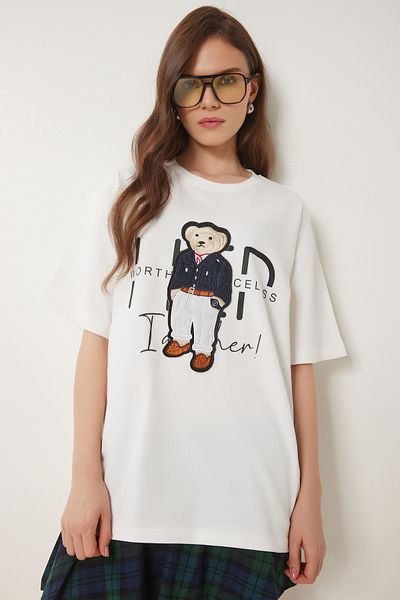 Lovelyİstanbul Teddy Bear Embroidered Cotton Oversize Knitted T-Shirt Ecru Lcr0027