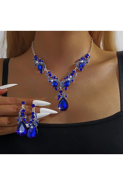 Choice ZT9249-Blue 3pcs women's jewelry set with rhinestone crystal necklace earrings, bridal wedding acces