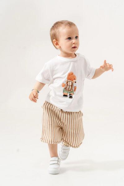 Magu Cotton Teddy Bear Printed White Baby Boy T-Shirt and Striped Shorts Set of Two (6-24 Months)