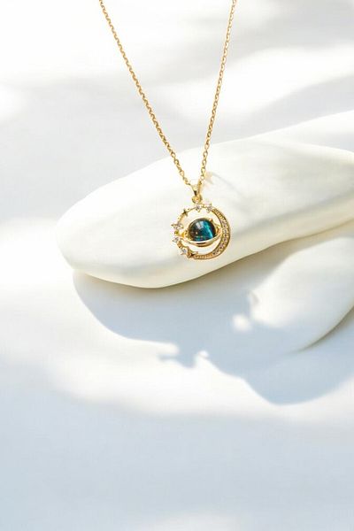 JoyShine Gold Color Moon Star Necklace - Zircon Stone Planet Themed Steel Necklace