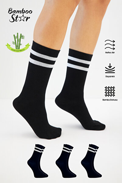 bamboo star Șosete unisex cu dungi negre din bambus premium - Pachet de 3 prize fără sudură