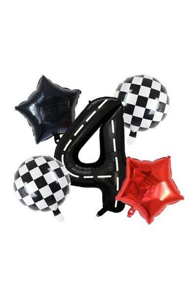 parti sürprizi Black Race Track Checkered 4 Years Old Foil Balloon Set