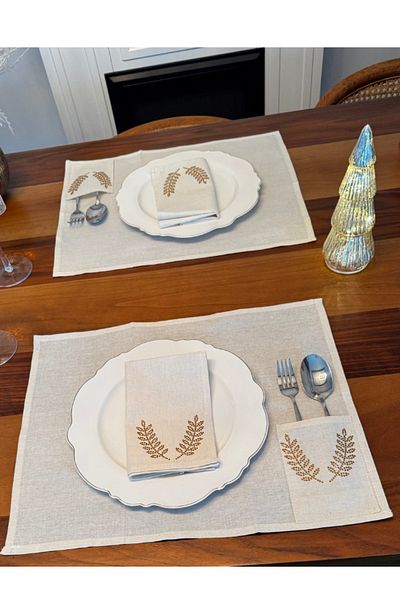 Menar Tasarım Virgo Embroidered American Service Set Napkin Set 6-Person Icon of Abundance Cloth Tableware Set