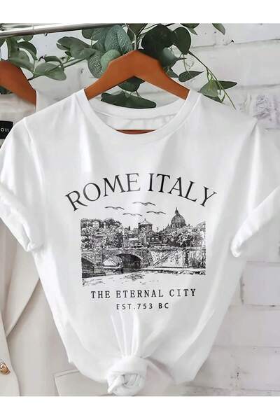 EVIus تي شيرت برقبة دائرية مطبوع عليه روما مقاس كبير