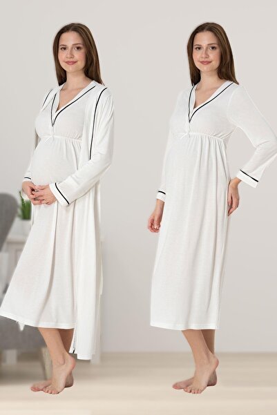 BLACKMORE Kadın Ekru Uzun Kollu Pamuklu Emzirme Özellikli Lohusa Hamile Gecel...