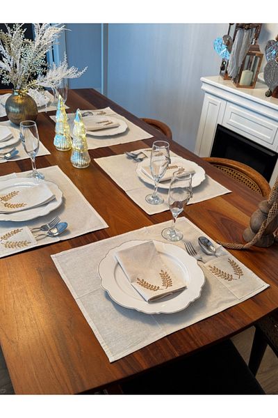 Menar Tasarım Virgo Embroidered American Service Set Napkin Set 6-Person Icon of Abundance Cloth Tableware Set