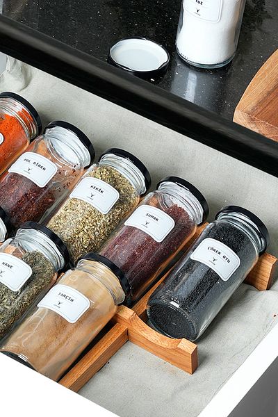 KukiWood 10-Piece Spice Holder Organizer, In-Drawer Organizer, Spice Holder Drawer, Spice Holder Set with Labels