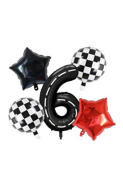 parti sürprizi Black Race Track Checkered 6 Years Old Foil Balloon Set