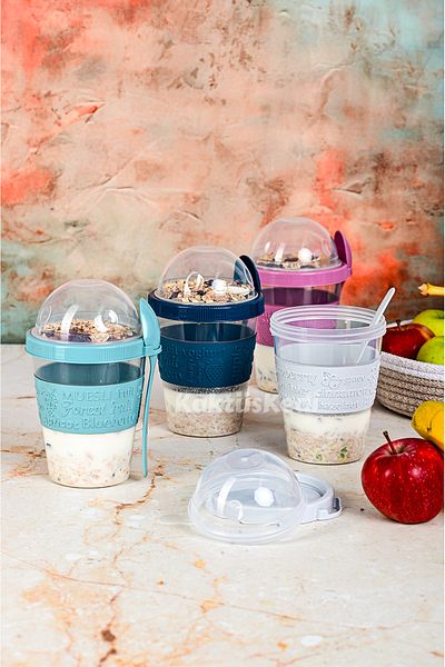 KaktüsKedi Prepare and Go Fruit Yogurt Container with 4 Lids and Spoons| Food Storage Container