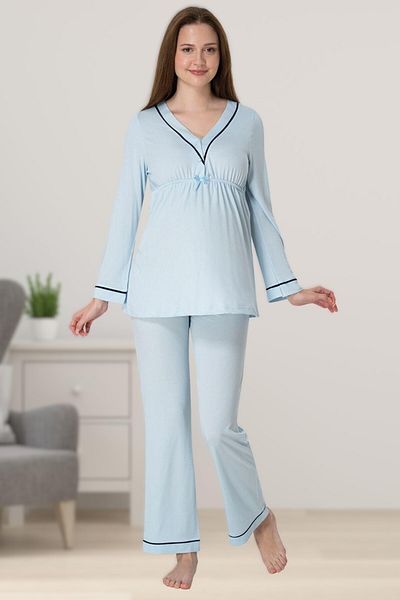 BLACKMORE Set de pijamale de maternitate pentru alăptare, albastru, cu mânecă lungă, din bumbac