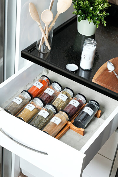 KukiWood Labeled 10-Piece Glass Spice Rack Organizer – Salt Shaker Organizer Set for Inside Cabinets & Drawers