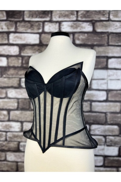 Metay Design Taş İşlemeli Transparan Korse Kelebek Model Bustiyer - Siyah