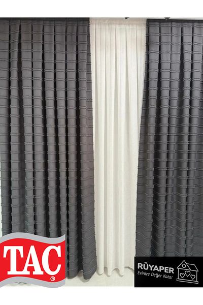 Taç Gray Color Tasseled Background Curtain Linen Brochol Gift (Single Wing)