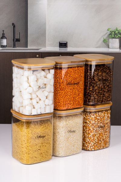 naturelove 6'lı Bambu Vakum Kapaklı  Borosilikat Cam Kavanoz Erzak Saklama Ka...