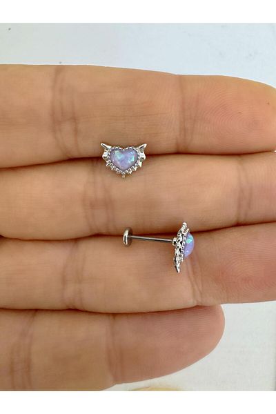 Arescollection Opal Stone Heart Back Flat Tragus Helix Conch Suitable 1 Piece Piercing
