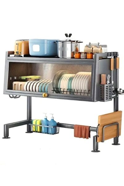 Generic رف تجفيف الأطباق مكون من طبقتين مع حاملات أدوات ورفوف لتخزين المطبخ والمغسلة