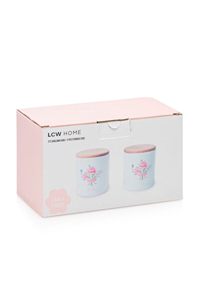 LC Waikiki Ahşap Kapaklı Pembe Çiçekli Seramik Saklama Kabı 2'li