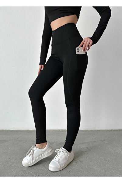 jeneric طماق رياضية نسائية سوداء عالية الخصر بجيب مزدوج