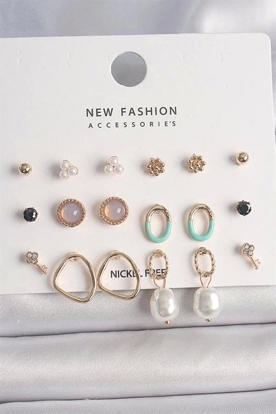 HELLOCOS Brass Gold Color Pearl Ring Model 9 Pairs Women's Earrings Set