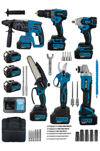 STEİNER Kömürsüz 21 V 3 Akülü Şarjlı Vidalama Kırıcı Delici Bijon Sökme Dal Budama Spiral Taşlama Makas Set