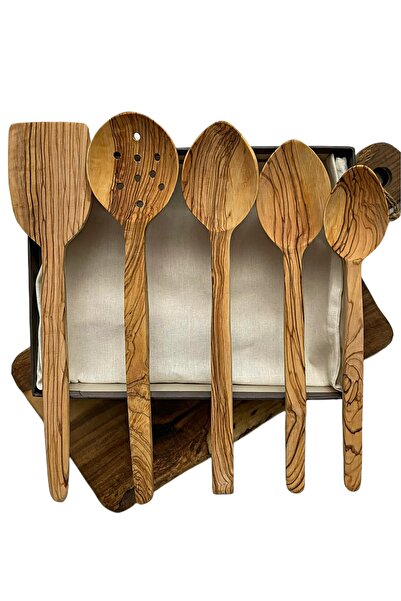 Elante 100% Natural Olive Tree Handmade 5 Piece Wooden Spoon Set, Olive Spoon...