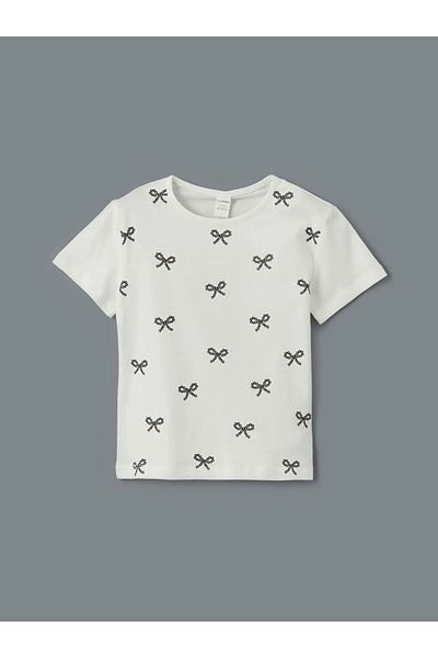 LC Waikiki LCW Kids Ecru Crew Neck Ribbon Detailní dívčí tričko, balení 2 ks