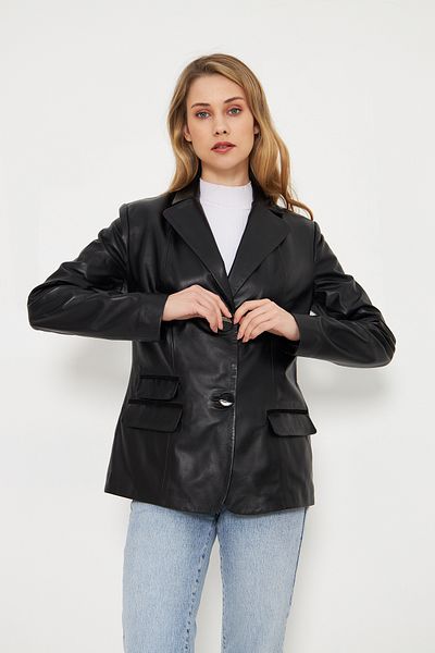 By Marki Marki -Women's Black Genuine Leather Blazer Jacket Fit Cut Button Closure 67 Cm- 116722