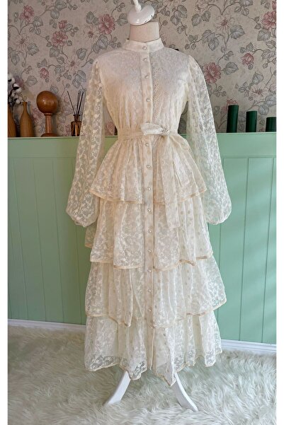 Butik KADIN KREM DANTELLİ KATLI ELBİSE