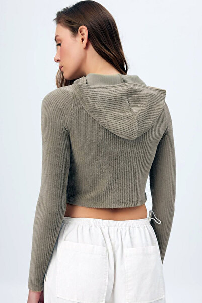 MissThetis Kapüşonlu Fermuarlı Uzun Kollu Fitilli Havlu Kadife Şık ve Cool Likralı Crop Hırka