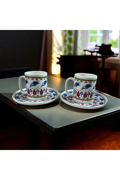 WPAWZ Porcelain Topkapı Tulip Patterned Turkish Coffee Cup Set for 2 People 4 Pieces