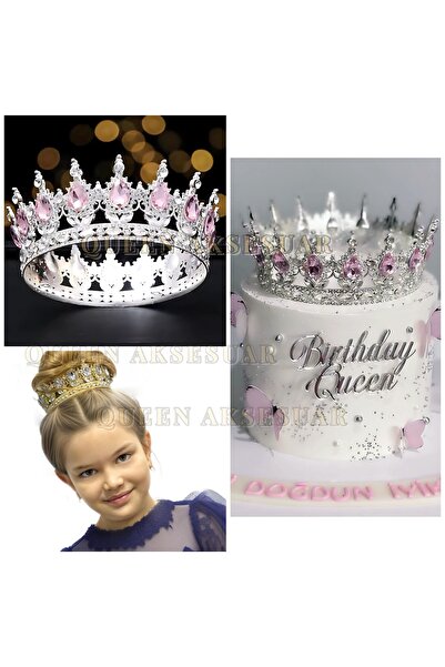 Full round ring metal  top crystal gemstone king queen crown cake bun bride head engagement crown pink