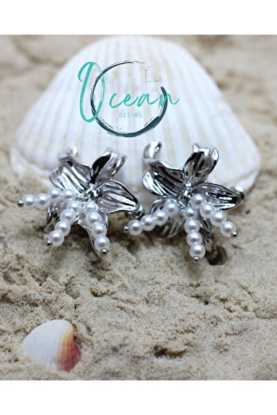 OCEANDESING أقراط نسائية على شكل زهرة من الفولاذ الفضي مع إكسسوارات لؤلؤية - ...