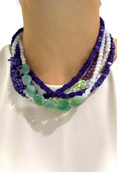 PETEK AKSESUAR MOR DOĞALTAŞLI AHŞAP BONCUK ÇOKLU KOLYE