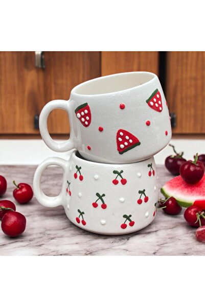 DDHANDMADE 2'li El Yapımı Seramik Çay Kahve Kupası Türk Kahvesi Fincanı Kupa Çilek Kiraz Hediyelik Ceyiz