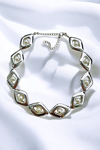 PETEK AKSESUAR METALİZE İNCİ BAKLAVA CHOKER TASMA KOLYE