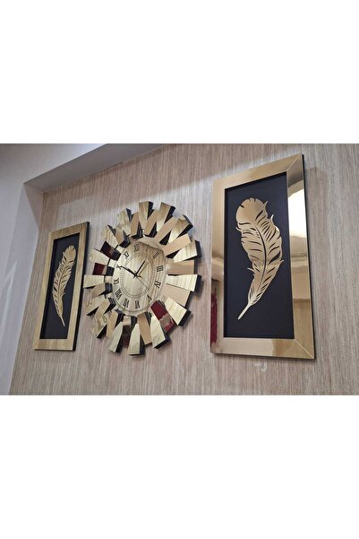 TUĞBArt 3 Lü Duvar Saati Roma Rakam 3 Boyutlu Piyano Model Aynalı Gold Tüy Tablo