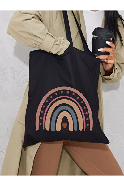 Cemira Bohemian Rainbow Black Canvas Tote Bag Cloth Bag, Pinterest Bag, Book Bag