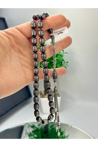 NikaŞ Full Gümüş İşlemeli El İşçilikli Gümüş İşlemeli Ateş Kehribar Tesbih