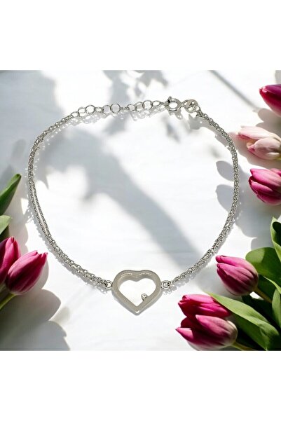 G&A Jewels - 925 Ayar Gümüş 0.01ct Pırlanta Taşlı Kalp Çift Zincirli Bileklik