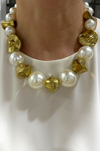 PETEK AKSESUAR Metallized Style Necklace with Large Pearl