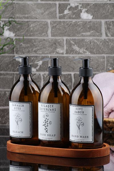 EA Home Concept 3 Συσκευασίες Amber Glass Liquid Soap Απορρυπαντικό πιάτων και Μπουκάλι Ανοξείδωτο Σαπούνι με Ξύλινη Βάση 500ml