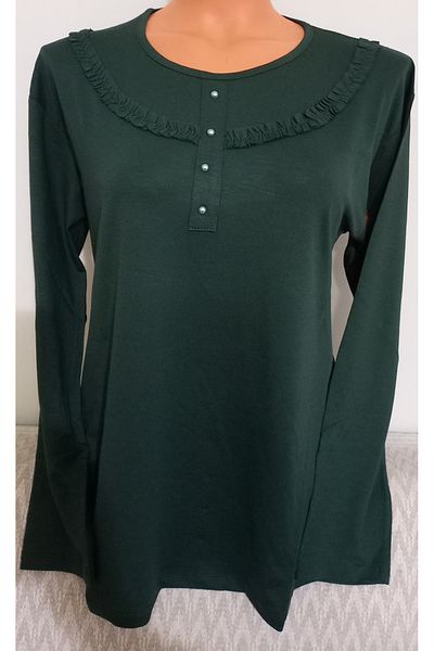 Anne Er Clothing Mother Combed Cotton Blouse Long-Sleeve Crew Neck Green