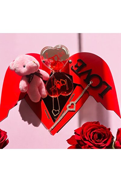 İthal Kırmızı 5’li Ahşap Kutu Kalpli Kum Saati, Ayıcık,Bileklik Kolye Set, Sevgiliye Anneye Hediye