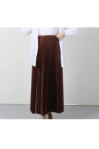 trendhazan Elastic Waist Leather Look Pleated Hijab Skirt