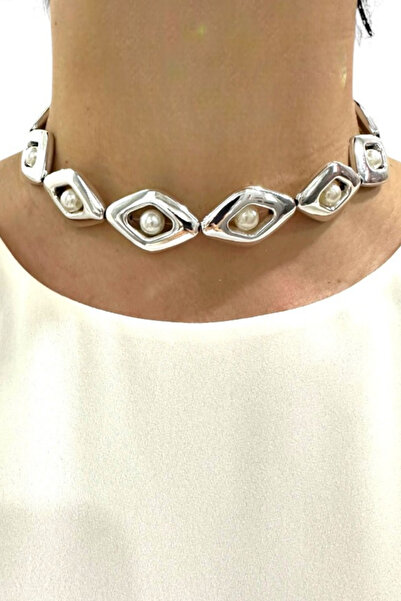 PETEK AKSESUAR METALİZE İNCİ BAKLAVA CHOKER TASMA KOLYE